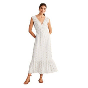 Boden Size 14R Smocked Jersey Maxi Dress White Gold Leaf Print Soft Stretchy